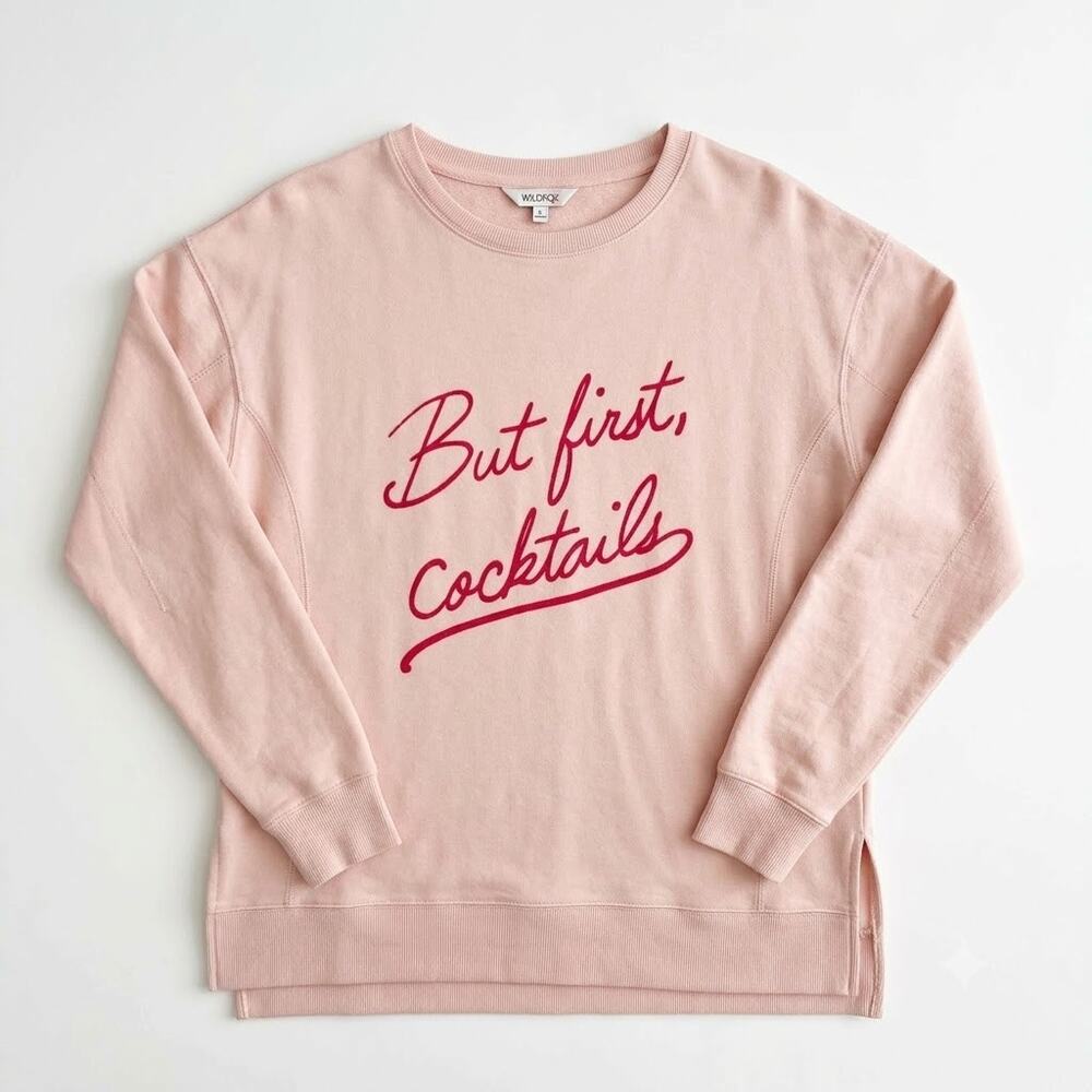 Wildfox But First Cocktails Cozy Oversized Sweater Pink Side Slits Womens Small